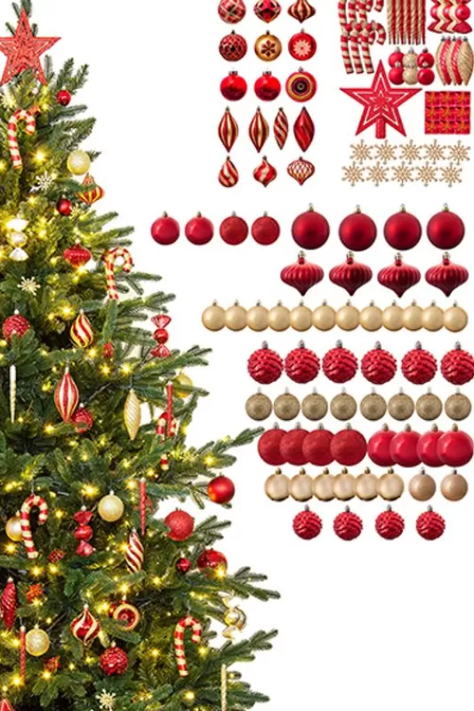 6 Foot Pre Lit Christmas Trees<Christmas Tree World The 128Pc Red & Gold Full Heavy Coverage Bauble Set (6Ft Trees)