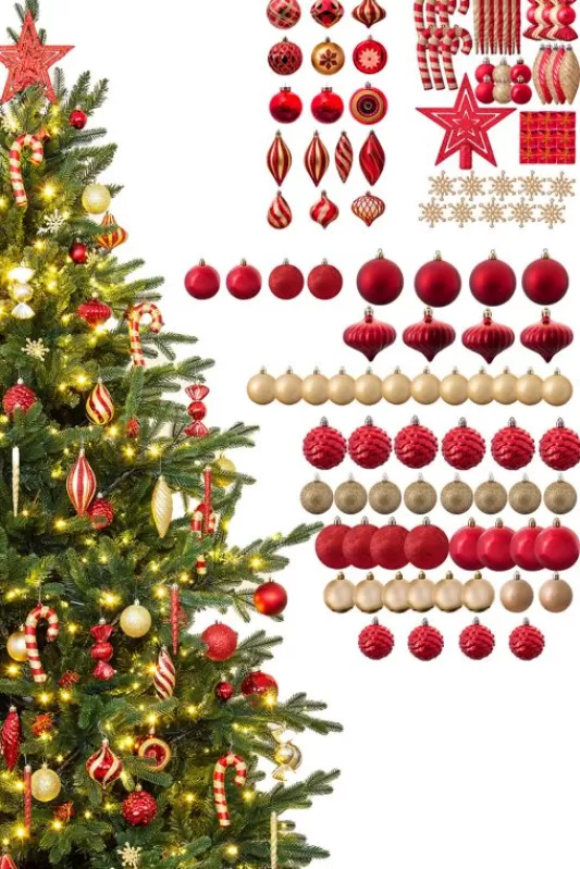 6 Foot Pre Lit Christmas Trees<Christmas Tree World The 128Pc Red & Gold Full Heavy Coverage Bauble Set (6Ft Trees)