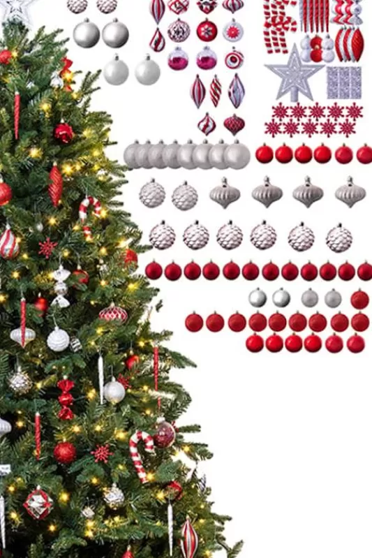 6 Foot Pre Lit Christmas Trees<Christmas Tree World The 128Pc Red & Silver Full Heavy Coverage Bauble Set (6Ft Trees)