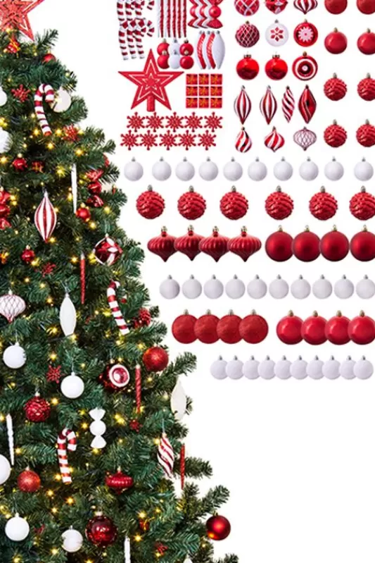 6 Foot Pre Lit Christmas Trees<Christmas Tree World The 128Pc Red & White Full Heavy Coverage Bauble Set (6Ft Trees)