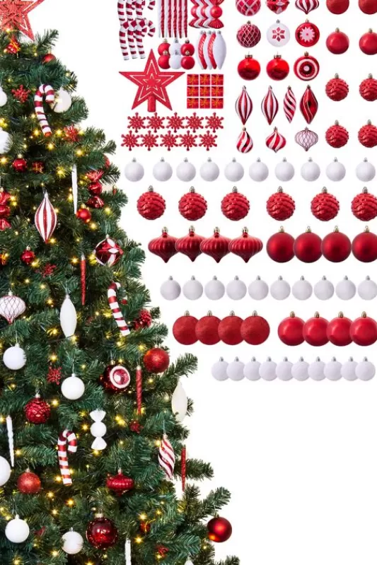 6 Foot Pre Lit Christmas Trees<Christmas Tree World The 128Pc Red & White Full Heavy Coverage Bauble Set (6Ft Trees)