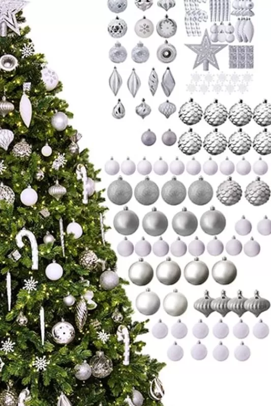 6 Foot Pre Lit Christmas Trees<Christmas Tree World The 128Pc White & Silver Full Heavy Coverage Bauble Set (6Ft Trees)
