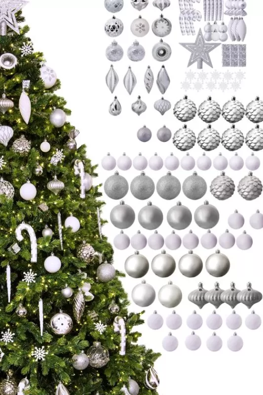 6 Foot Pre Lit Christmas Trees<Christmas Tree World The 128Pc White & Silver Full Heavy Coverage Bauble Set (6Ft Trees)