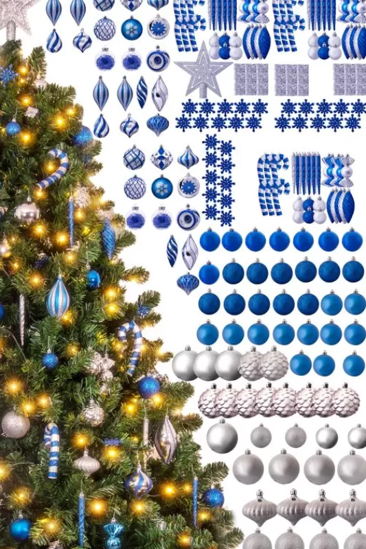 8 Foot Pre Lit Christmas Trees<Christmas Tree World The 212Pc Blue & Silver Full Heavy Coverage Bauble Set (8Ft Trees)