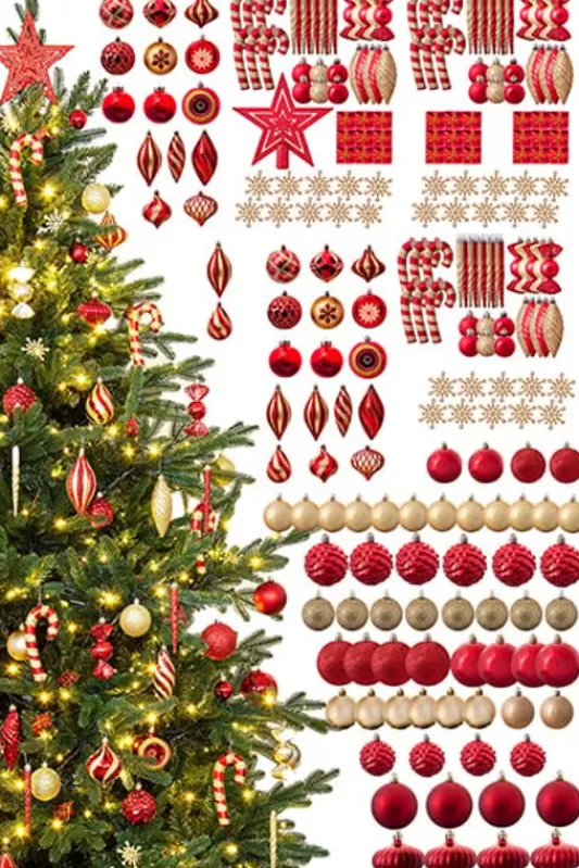 8 Foot Pre Lit Christmas Trees<Christmas Tree World The 212Pc Red & Gold Full Heavy Coverage Bauble Set (8Ft Trees)