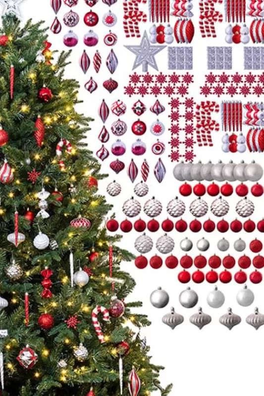 8 Foot Pre Lit Christmas Trees<Christmas Tree World The 212Pc Red & Silver Full Heavy Coverage Bauble Set (8Ft Trees)