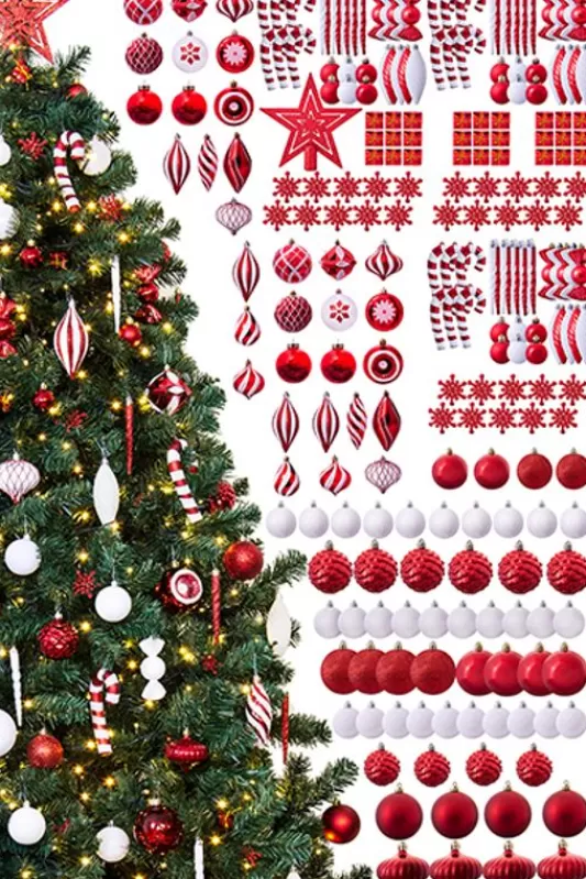 8 Foot Pre Lit Christmas Trees<Christmas Tree World The 212Pc Red & White Full Heavy Coverage Bauble Set (8Ft Trees)