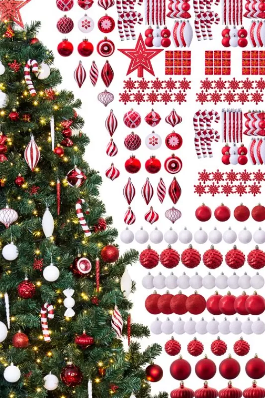 8 Foot Pre Lit Christmas Trees<Christmas Tree World The 212Pc Red & White Full Heavy Coverage Bauble Set (8Ft Trees)