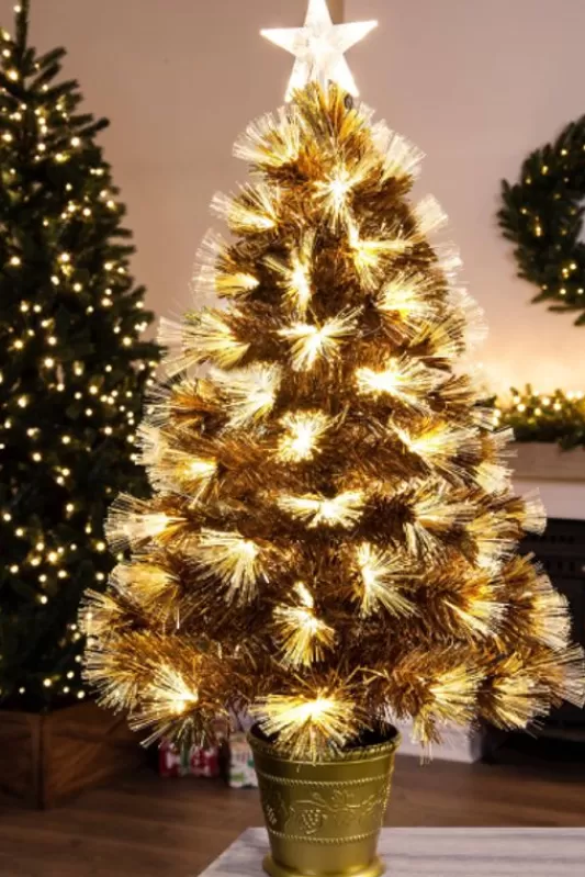 3 Foot Pre Lit Christmas Trees<Christmas Tree World The 3Ft Gold Flower Fibre Optic Tree