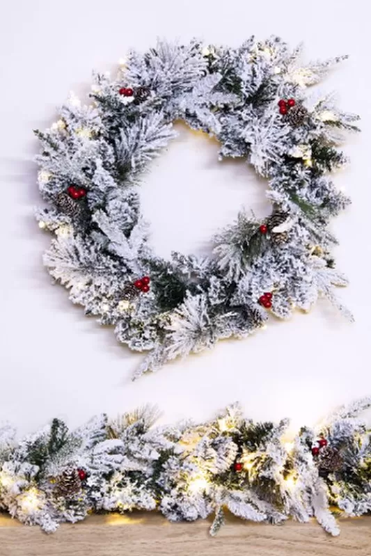 Pre-Lit Christmas Wreaths<Christmas Tree World The Pre-Lit 60Cm Snowy Alpine Wreath