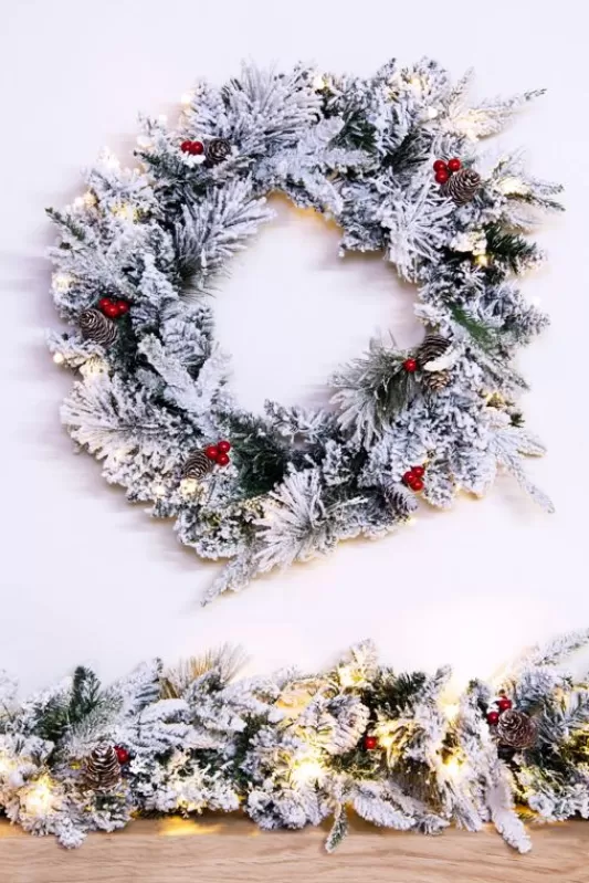 Pre-Lit Christmas Wreaths<Christmas Tree World The Pre-Lit 60Cm Snowy Alpine Wreath